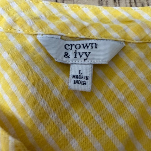 Crown & Ivy Women's Size Large Yellow Gingham Tie‎ Sleeve V-neck Blouse Top - Picture 4 of 8